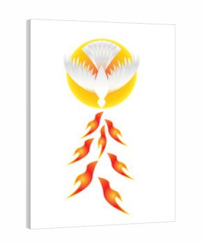 Holy Spirit symbol - a white dove, with halo of light rays and seven rays of fire symbolizing sevenfold gifts of the Holy Spirit.