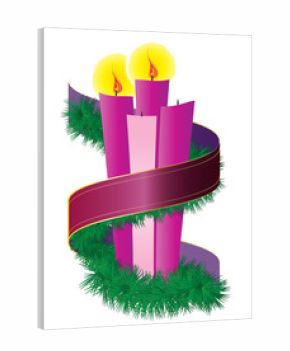 Advent candles wreath with purple violet ribbon. Fourth Sunday of Advent - Christmas season holiday color vector illustration.