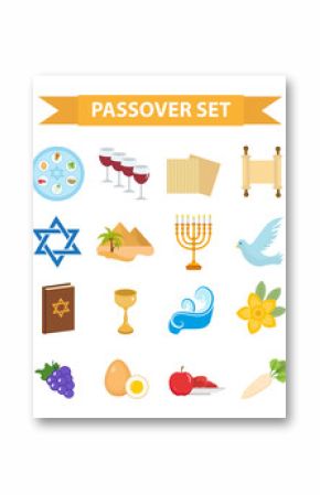Passover icons set. flat, cartoon style. Jewish holiday of exodus Egypt. Collection with Seder plate, meal, matzah, wine, torus, pyramid. Isolated on white background Vector illustration