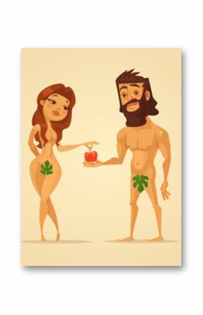 Adam and Eve characters. Woman offer apple to man. Vector flat cartoon illustration