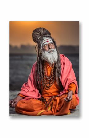 Portrait of sadhu sitting with sunrise behind him, Varanasi, India.