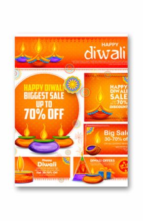 Burning diya on Happy Diwali Holiday Sale promotion advertisement background for light festival of India