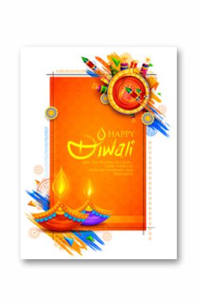 Burning diya and firecracker on Happy Diwali Holiday background for light festival of India