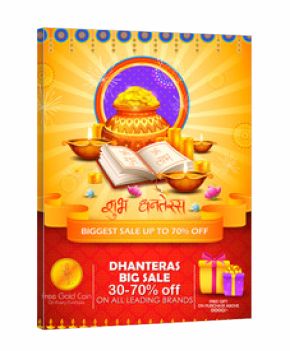 Gold coin in pot for Dhanteras celebration on Happy Dussehra light festival of India background