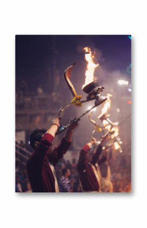 VARANASI, INDIA- 23 JANUARY 2017 : A Hindu priest performs the Ganga Aarti ritual in Varanasi