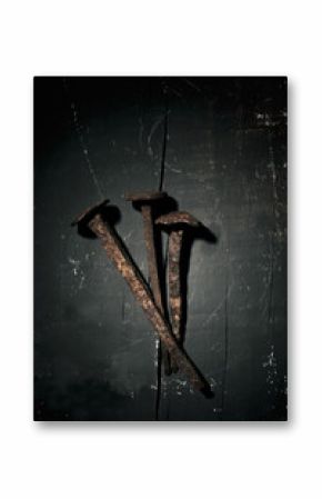 rusty nails on a rustic wooden surface