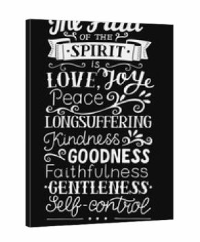 Hand lettering with bible verse The fruit of the Spirit on black background. Galatians