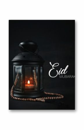 Eid Mubarak Greeting Typography. Ramadan Candle Lantern with Wooden Prayer Beads