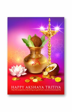 Greeting card with kalash and gold coins for Indian festival Akshya Tritiya. Vector illustration.