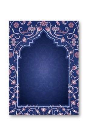 Arabic floral arch. Traditional islamic ornament. Mosque decoration design  element. Design template for greeting card, banner, poster, print. Vector illustration