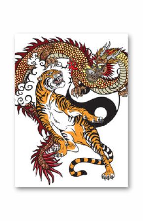 Chinese dragon versus tiger. Tattoo vector illustration included Yin Yang symbol