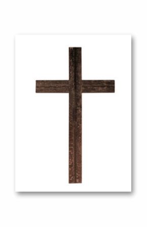 Old rustic wooden cross isolated on white background. Christian faith.