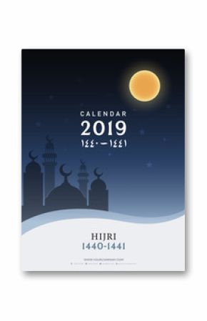 Cover calendar 2019. Hijri 1440 to 1441 islamic design template. Simple minimal desk and wall type with mosque in the night background. vector illustrator