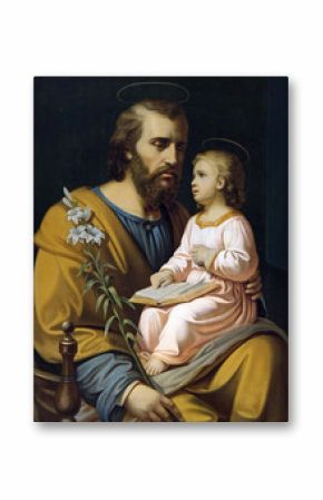 Saint Joseph holding child Jesus, painting in the Saint Nicholas church in Petschied near Luson, Italy