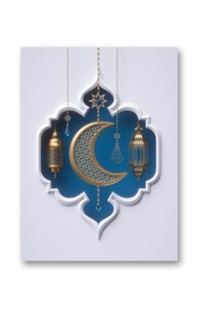 3d render, blue arabic frame, ornaments hanging on golden chains, lantern, tribal decoration, festive greeting card template, arabesque design, empty banner, white background