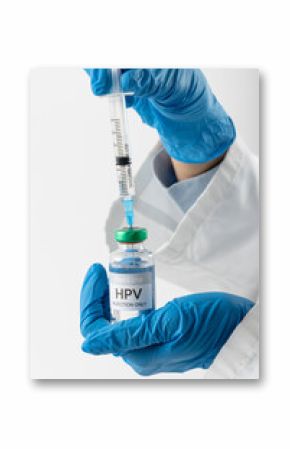 Vertical of doctor's gloved hands filling syringe from hpv vaccine vial, on white with copy space