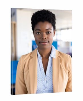 Portrait of african american businesswoman looking at camera and smiling at office