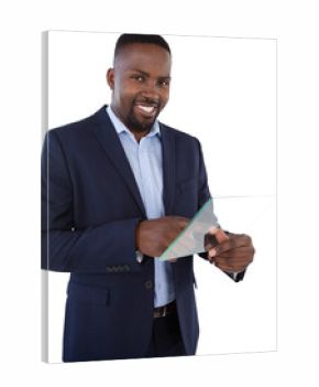 Portrait of smiling businessman using glass interface