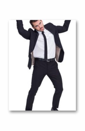 Businessman in suit lifting up something heavy