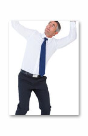 Businessman with hands raised on white background