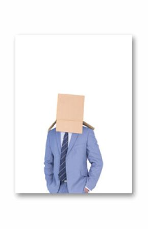 Digital png photo of businessman standing with cardboard box on head on transparent background