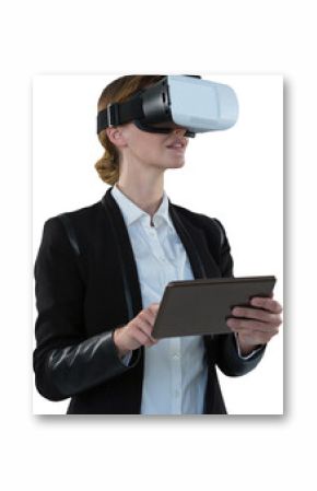 Digital png photo of caucasian businesswoman using vr headset and tablet on transparent background