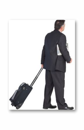 Digital png photo of caucasian senior businessman with suitcase walking on transparent background