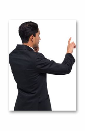 Digital png photo of serious biracial businessman pointing finger on transparent background