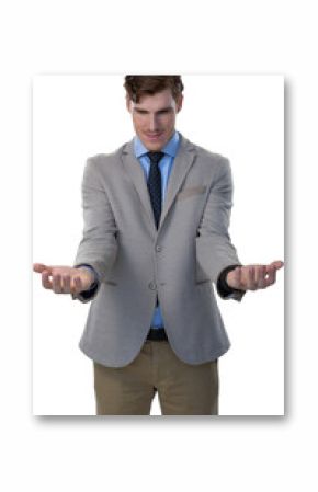 Digital png photo of caucasian businessman with outstretched hands on transparent background