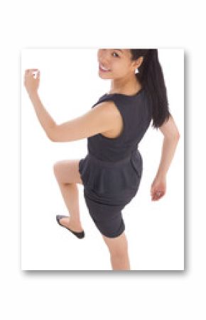 Digital png photo of happy biracial businesswoman walking up stairs on transparent background