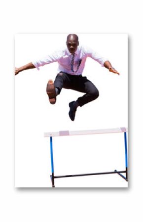 Digital png photo of african american businessman jumping on transparent background