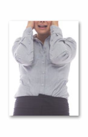 Digital png photo of scared biracial businesswoman holding head on transparent background