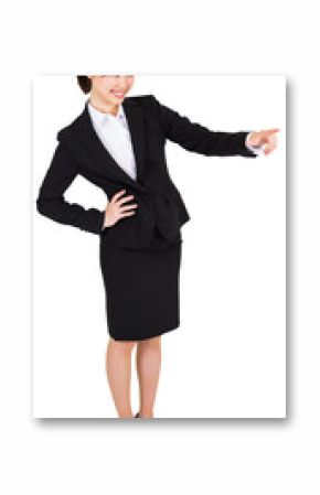 Digital png photo of happy asian businesswoman pointing on transparent background