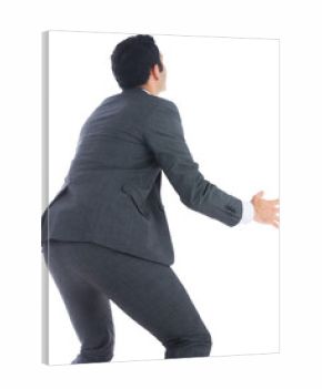 Digital png photo of back of biracial businessman bending on transparent background