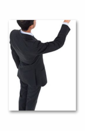 Digital png photo of biracial businessman touching virtual screen on transparent background