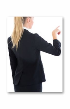 Digital png photo of caucasian businesswoman pointing on transparent background