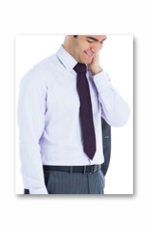 Digital png photo of happy biracial businessman looking down on transparent background