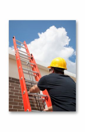 Construction Worker Climbs Ladder