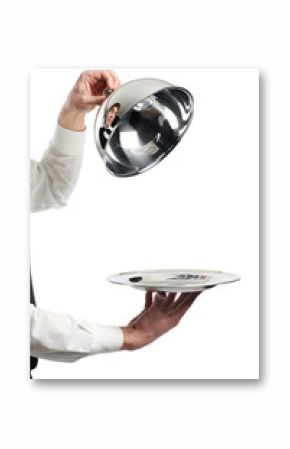 hands of waiter with cloche lid cover