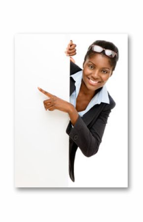 Happy African American Woman pointing at billboard sign white ba