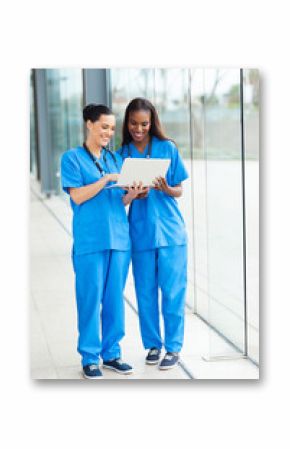 two female healthcare workers using laptop