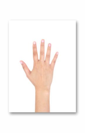 Woman right hand showing the five fingers isolated.