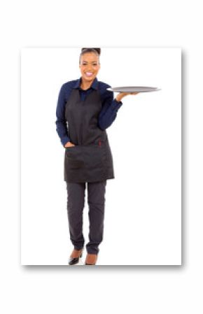 african waitress holding empty tray