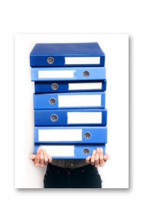 Stressed out female white collar professional with folders