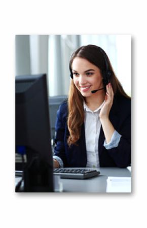 Female customer support operator with headset and smiling