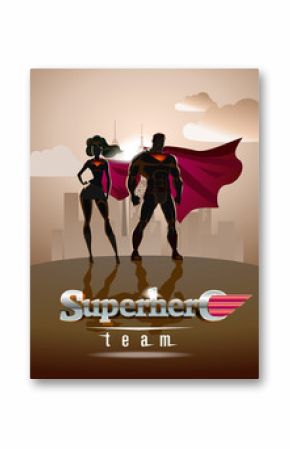 Poster. Superhero Couple: Male and female superheroes, posing in