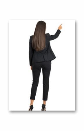 Rear view of long dark hair beauty pointing or presenting on her right side isolated