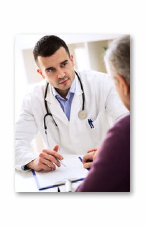 Doctor listening to patient explaining his painful