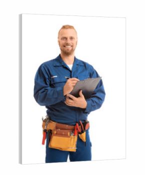 Handsome worker with pen and clipboard, isolated on white