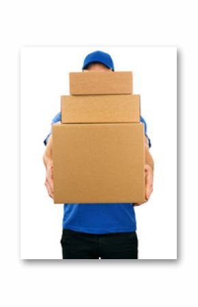 delivery man holding pile of cardboard boxes in front